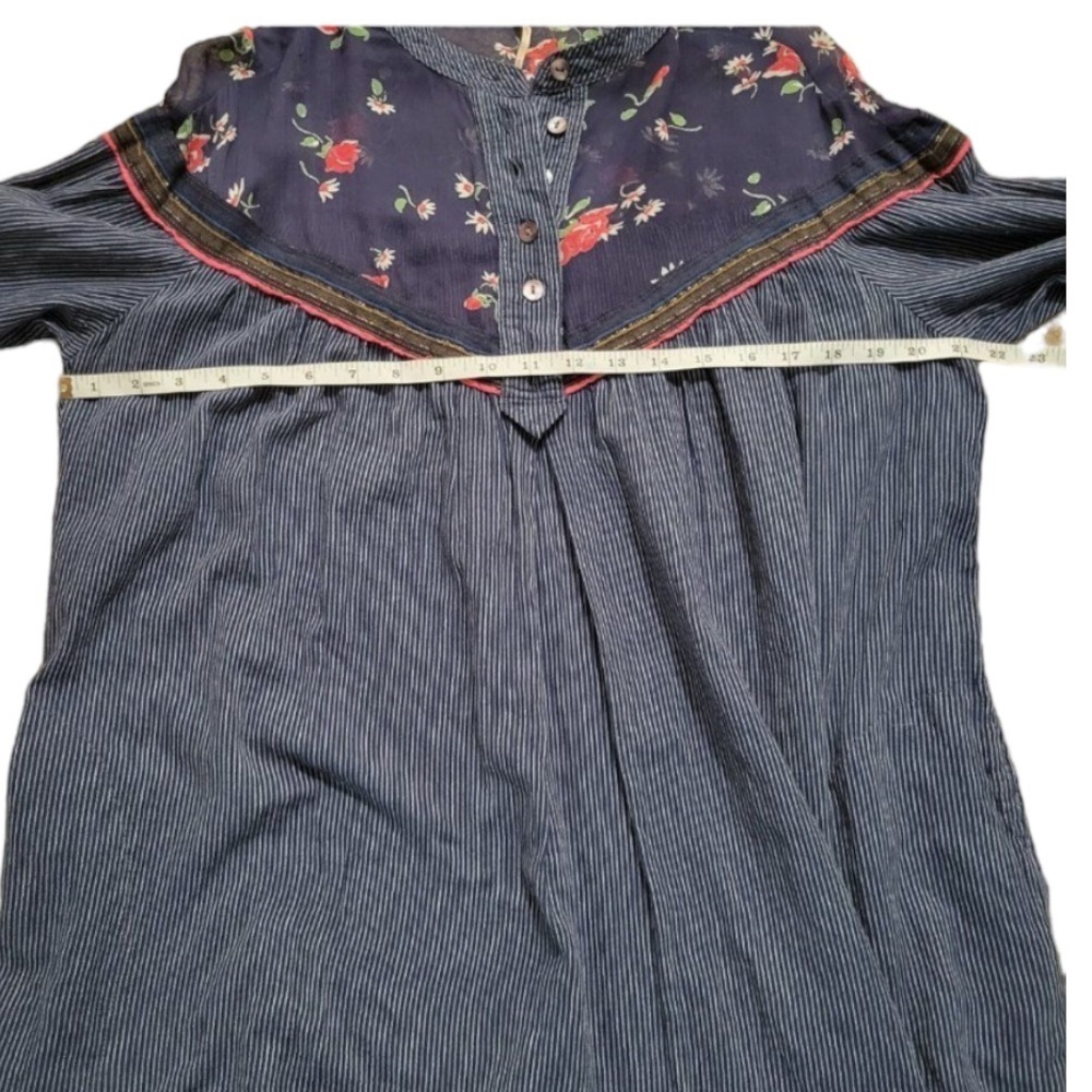 FREE People Navy Blue Pinstripe Sheer Floral Boho Oversized Tunic Blouse Top - Picture 13 of 16